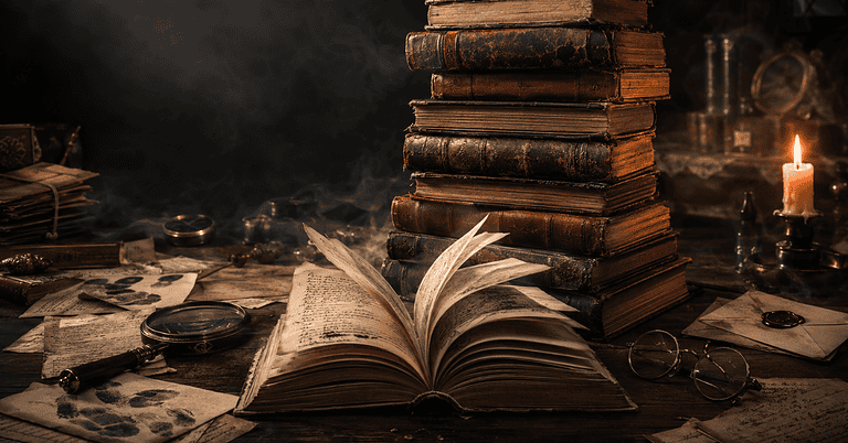 Books surrounded by detective-related-elements