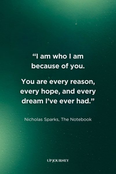 Romantic Love Quotes for Her: "I am who I am because of you. You are every reason, every hope, and every dream I've ever had." — Nicholas Sparks, "The Notebook"