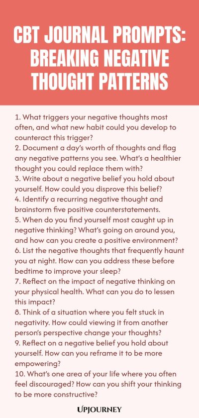CBT Journal Prompts: Breaking Negative Thought Patterns 1. What triggers your negative thoughts most often, and what new habit could you develop to counteract this trigger? 2. Document a dayโs worth of thoughts and flag any negative patterns you see. Whatโs a healthier thought you could replace them with? 3. Write about a negative belief you hold about yourself. How could you disprove this belief? 4. Identify a recurring negative thought and brainstorm five positive counterstatem...