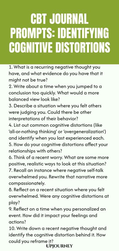 CBT Journal Prompts: Identifying Cognitive Distortions 1. What is a recurring negative thought you have, and what evidence do you have that it might not be true? 2. Write about a time when you jumped to a conclusion too quickly. What would a more balanced view look like? 3. Describe a situation where you felt others were judging you. Could there be other interpretations of their behavior? 4. List out common cognitive distortions (like โall-or-nothing thinkingโ or โovergeneralizat...