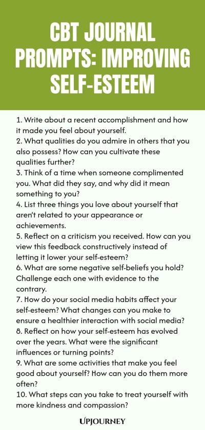 CBT Journal Prompts: Improving Self-Esteem 1. Write about a recent accomplishment and how it made you feel about yourself. 2. What qualities do you admire in others that you also possess? How can you cultivate these qualities further? 3. Think of a time when someone complimented you. What did they say, and why did it mean something to you? 4. List three things you love about yourself that arenโt related to your appearance or achievements. 5. Reflect on a criticism you received. ...