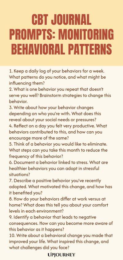 CBT Journal Prompts: Monitoring Behavioral Patterns 1. Keep a daily log of your behaviors for a week. What patterns do you notice, and what might be influencing them? 2. What is one behavior you repeat that doesnโt serve you well? Brainstorm strategies to change this behavior. 3. Write about how your behavior changes depending on who youโre with. What does this reveal about your social needs or pressures? 4. Reflect on a day you felt very productive. What behaviors contributed to...