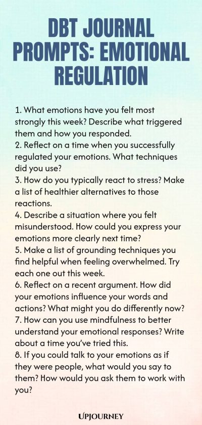 DBT Journal Prompts: Emotional Regulation 1. What emotions have you felt most strongly this week? Describe what triggered them and how you responded. 2. Reflect on a time when you successfully regulated your emotions. What techniques did you use? 3. How do you typically react to stress? Make a list of healthier alternatives to those reactions. 4. Describe a situation where you felt misunderstood. How could you express your emotions more clearly next time? 5. Make a list of groun...