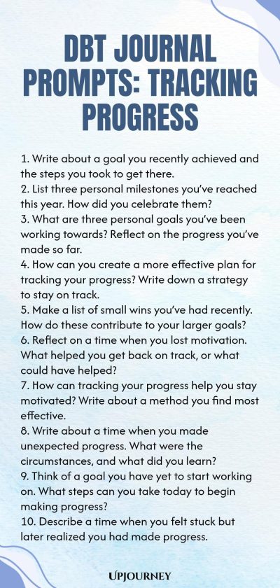 DBT Journal Prompts: Tracking Progress 1. Write about a goal you recently achieved and the steps you took to get there. 2. List three personal milestones youโve reached this year. How did you celebrate them? 3. What are three personal goals youโve been working towards? Reflect on the progress youโve made so far. 4. How can you create a more effective plan for tracking your progress? Write down a strategy to stay on track. 5. Make a list of small wins youโve had recently. How do thes...