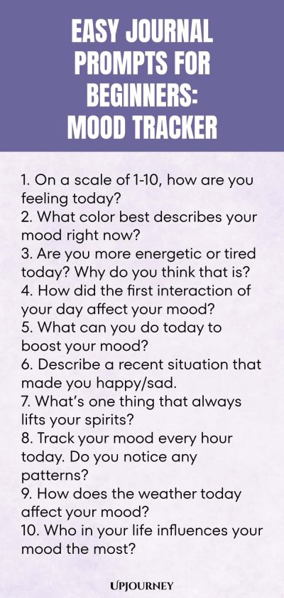 Easy Journal Prompts for Beginners: Mood Tracker 1. On a scale of 1-10, how are you feeling today? 2. What color best describes your mood right now? 3. Are you more energetic or tired today? Why do you think that is? 4. How did the first interaction of your day affect your mood? 5. What can you do today to boost your mood? 6. Describe a recent situation that made you happy/sad. 7. Whatโs one thing that always lifts your spirits? 8. Track your mood every hour today. Do you not...