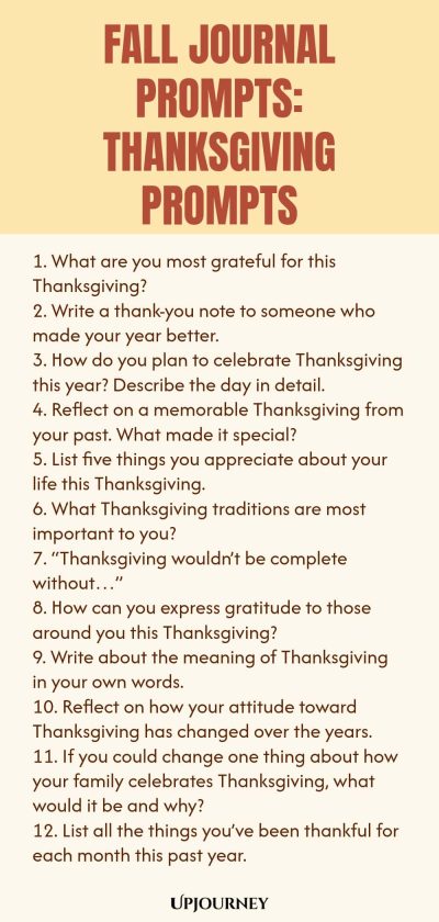 Fall Journal Prompts: Thanksgiving Prompts 1. What are you most grateful for this Thanksgiving? 2. Write a thank-you note to someone who made your year better. 3. How do you plan to celebrate Thanksgiving this year? Describe the day in detail. 4. Reflect on a memorable Thanksgiving from your past. What made it special? 5. List five things you appreciate about your life this Thanksgiving. 6. What Thanksgiving traditions are most important to you? 7. “Thanksgiving wouldn’t be co...