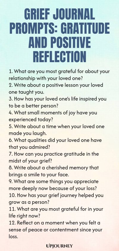 Grief Journal Prompts: Gratitude and Positive Reflection 1. What are you most grateful for about your relationship with your loved one? 2. Write about a positive lesson your loved one taught you. 3. How has your loved oneโs life inspired you to be a better person? 4. What small moments of joy have you experienced today? 5. Write about a time when your loved one made you laugh. 6. What qualities did your loved one have that you admired? 7. How can you practice gratitude in the ...