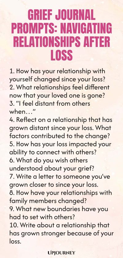 Grief Journal Prompts: Navigating Relationships After Loss 1. How has your relationship with yourself changed since your loss? 2. What relationships feel different now that your loved one is gone? 3. โI feel distant from others whenโฆโ 4. Reflect on a relationship that has grown distant since your loss. What factors contributed to the change? 5. How has your loss impacted your ability to connect with others? 6. What do you wish others understood about your grief? 7. Write a let...