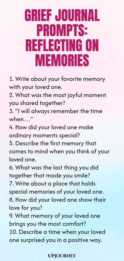 Grief Journal Prompts: Reflecting on Memories 1. Write about your favorite memory with your loved one. 2. What was the most joyful moment you shared together? 3. โI will always remember the time whenโฆโ 4. How did your loved one make ordinary moments special? 5. Describe the first memory that comes to mind when you think of your loved one. 6. What was the last thing you did together that made you smile? 7. Write about a place that holds special memories of your loved one. 8. H...