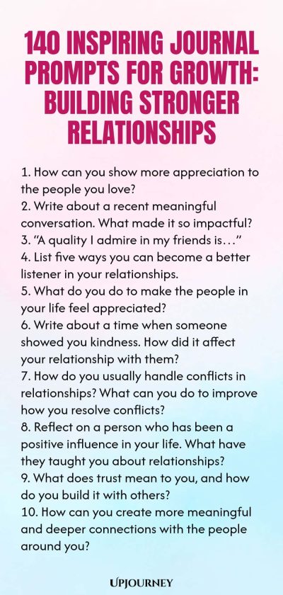 140 Inspiring Journal Prompts for Growth: Building Stronger Relationships 1. How can you show more appreciation to the people you love? 2. Write about a recent meaningful conversation. What made it so impactful? 3. “A quality I admire in my friends is…” 4. List five ways you can become a better listener in your relationships. 5. What do you do to make the people in your life feel appreciated? 6. Write about a time when someone showed you kindness. How did it affect your relatio...