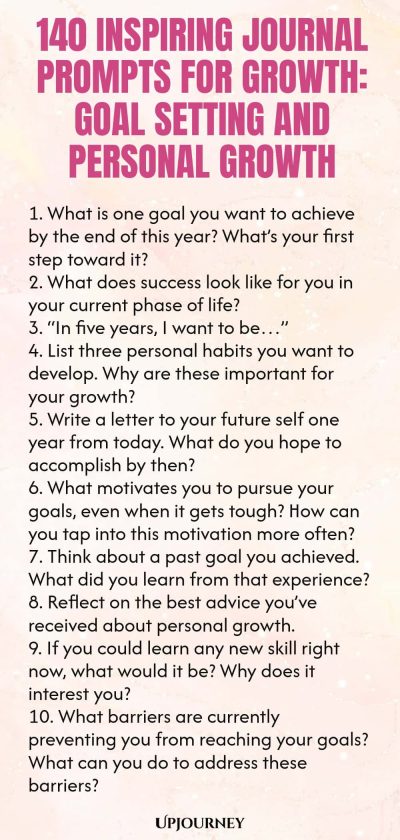 140 Inspiring Journal Prompts for Growth: Goal Setting and Personal Growth 1. What is one goal you want to achieve by the end of this year? What’s your first step toward it? 2. What does success look like for you in your current phase of life? 3. “In five years, I want to be…” 4. List three personal habits you want to develop. Why are these important for your growth? 5. Write a letter to your future self one year from today. What do you hope to accomplish by then? 6. What motiv...