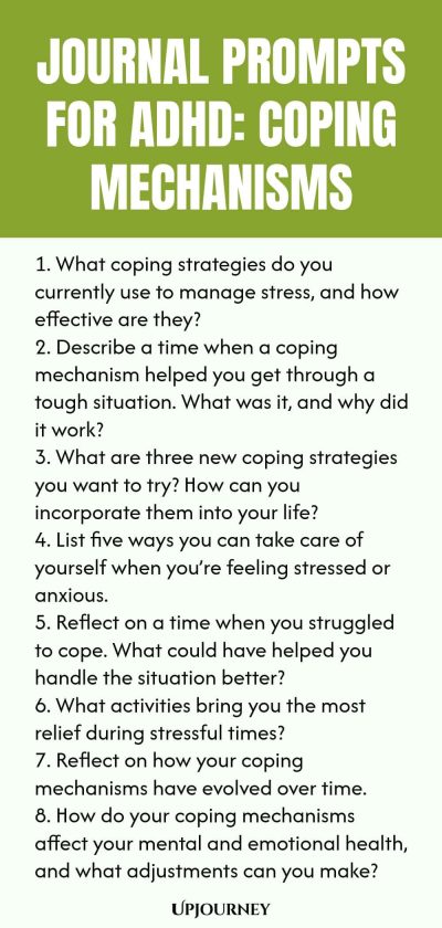 90+ Journal Prompts for ADHD: Coping Mechanisms 1. What coping strategies do you currently use to manage stress, and how effective are they? 2. Describe a time when a coping mechanism helped you get through a tough situation. What was it, and why did it work? 3. What are three new coping strategies you want to try? How can you incorporate them into your life? 4. List five ways you can take care of yourself when youโre feeling stressed or anxious. 5. Reflect on a time when you st...
