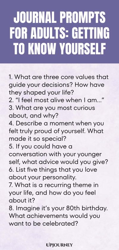 "Journal Prompts for Adults: Getting to Know Yourself: 1. What are three core values that guide your decisions? How have they shaped your life? 2. “I feel most alive when I am…” 3. What are you most curious about, and why? 4. Describe a moment when you felt truly proud of yourself. What made it so special? 5. If you could have a conversation with your younger self, what advice would you give? 6. List five things that you love about your personality. 7. What is a recurr"