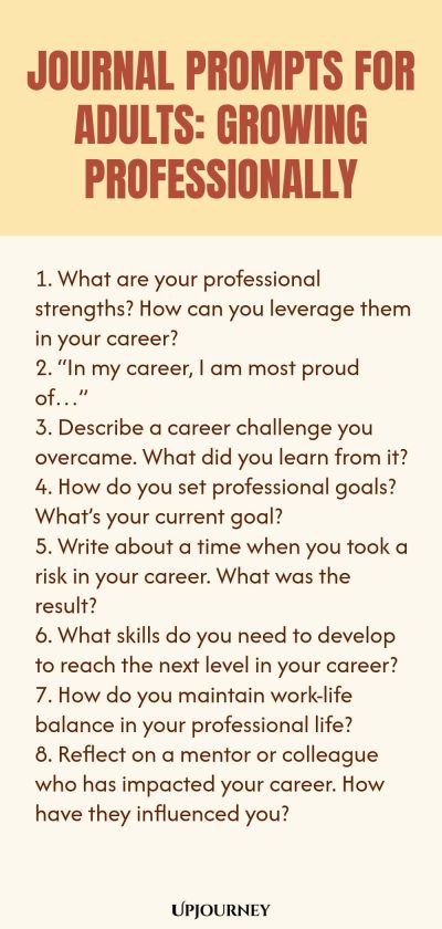 "Journal Prompts for Adults: Growing Professionally: 1. What are your professional strengths? How can you leverage them in your career? 2. “In my career, I am most proud of…” 3. Describe a career challenge you overcame. What did you learn from it? 4. How do you set professional goals? What’s your current goal? 5. Write about a time when you took a risk in your career. What was the result? 6. What skills do you need to develop to reach the next level in your career? 7. "