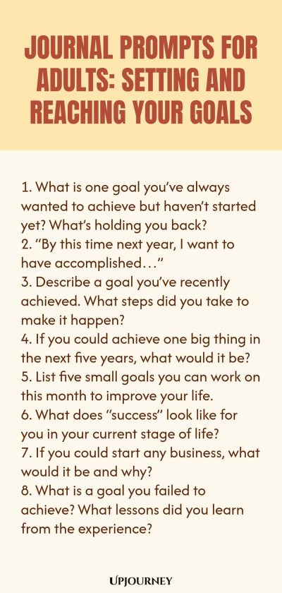 "Journal Prompts for Adults: Setting and Reaching Your Goals: 1. What is one goal you’ve always wanted to achieve but haven’t started yet? What’s holding you back? 2. “By this time next year, I want to have accomplished…” 3. Describe a goal you’ve recently achieved. What steps did you take to make it happen? 4. If you could achieve one big thing in the next five years, what would it be? 5. List five small goals you can work on this month to improve your life. 6. What does"