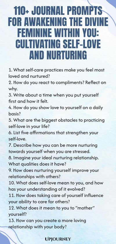 110+ Journal Prompts for Awakening the Divine Feminine Within You: Cultivating Self-Love and Nurturing 1. What self-care practices make you feel most loved and nurtured? 2. How do you react to compliments? Reflect on why. 3. Write about a time when you put yourself first and how it felt. 4. How do you show love to yourself on a daily basis? 5. What are the biggest obstacles to practicing self-love in your life? 6. List five affirmations that strengthen your self-love. 7. Descr...