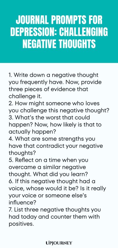 "Journal Prompts for Depression: Challenging Negative Thoughts: 1. Write down a negative thought you frequently have. Now, provide three pieces of evidence that challenge it.  2. How might someone who loves you challenge this negative thought?  3. What’s the worst that could happen? Now, how likely is that to actually happen?  4. What are some strengths you have that contradict your negative thoughts?  5. Reflect on a time when you overcame a similar negative thought. What did"