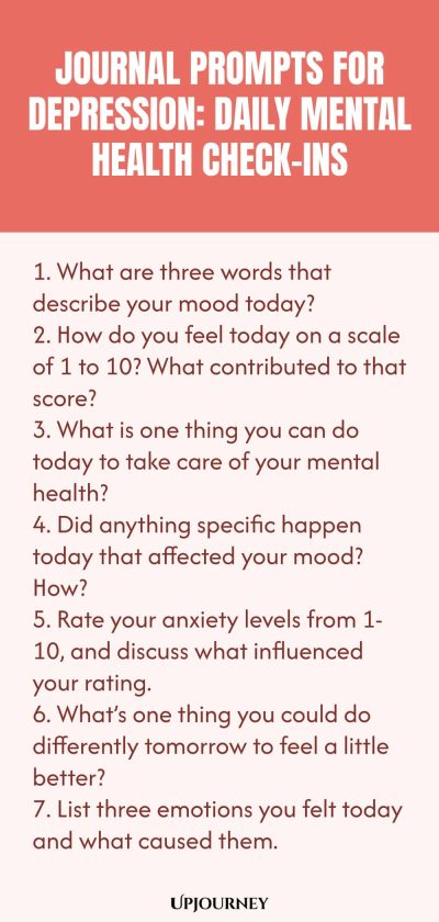 "Journal Prompts for Depression: Daily Mental Health Check-Ins: 1. What are three words that describe your mood today?  2. How do you feel today on a scale of 1 to 10? What contributed to that score?  3. What is one thing you can do today to take care of your mental health?  4. Did anything specific happen today that affected your mood? How?  5. Rate your anxiety levels from 1-10, and discuss what influenced your rating.  6. What’s one thing you could do differently tomorrow