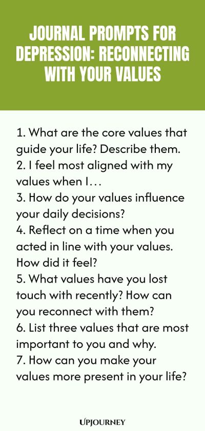 "Journal Prompts for Depression: Reconnecting with Your Values: 1. What are the core values that guide your life? Describe them.  2. I feel most aligned with my values when I…  3. How do your values influence your daily decisions?  4. Reflect on a time when you acted in line with your values. How did it feel?  5. What values have you lost touch with recently? How can you reconnect with them?  6. List three values that are most important to you and why.  7. How can you make y"