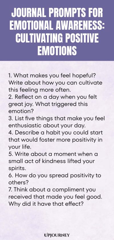 "Journal Prompts for Emotional Awareness: Cultivating Positive Emotions: 1. What makes you feel hopeful? Write about how you can cultivate this feeling more often. 2. Reflect on a day when you felt great joy. What triggered this emotion? 3. List five things that make you feel enthusiastic about your day. 4. Describe a habit you could start that would foster more positivity in your life. 5. Write about a moment when a small act of kindness lifted your spirits. 6. How do yo"