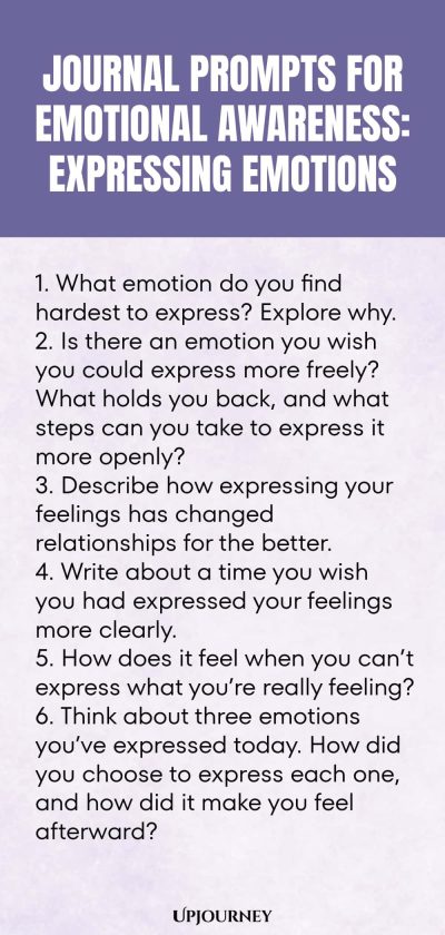 "Journal Prompts for Emotional Awareness: Expressing Emotions: 1. What emotion do you find hardest to express? Explore why. 2. Is there an emotion you wish you could express more freely? What holds you back, and what steps can you take to express it more openly? 3. Describe how expressing your feelings has changed relationships for the better. 4. Write about a time you wish you had expressed your feelings more clearly. 5. How does it feel when you can’t express what you’re r"