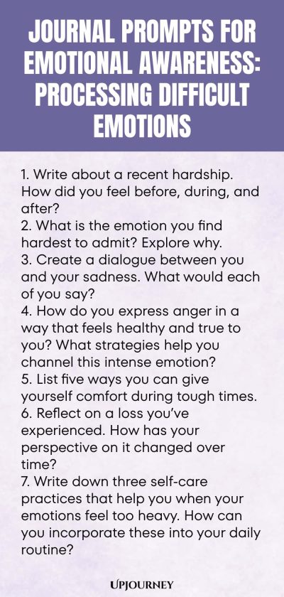 "Journal Prompts for Emotional Awareness: Processing Difficult Emotions: 1. Write about a recent hardship. How did you feel before, during, and after? 2. What is the emotion you find hardest to admit? Explore why. 3. Create a dialogue between you and your sadness. What would each of you say? 4. How do you express anger in a way that feels healthy and true to you? What strategies help you channel this intense emotion? 5. List five ways you can give yourself comfort during tou"