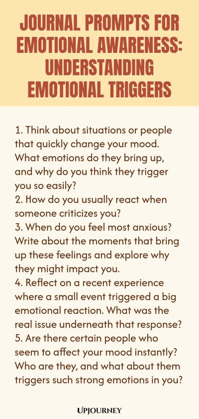 "Journal Prompts for Emotional Awareness: Understanding Emotional Triggers: 1. Think about situations or people that quickly change your mood. What emotions do they bring up, and why do you think they trigger you so easily? 2. How do you usually react when someone criticizes you? 3. When do you feel most anxious? Write about the moments that bring up these feelings and explore why they might impact you. 4. Reflect on a recent experience where a small event triggered a big emotiona"