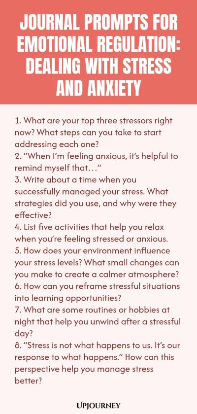 "Journal Prompts for Emotional Regulation: Dealing with Stress and Anxiety: 1. What are your top three stressors right now? What steps can you take to start addressing each one? 2. “When I’m feeling anxious, it’s helpful to remind myself that…” 3. Write about a time when you successfully managed your stress. What strategies did you use, and why were they effective? 4. List five activities that help you relax when you’re feeling stressed or anxious. 5. How does your environme"