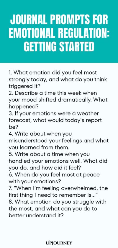 "Journal Prompts for Emotional Regulation: Getting Started: 1. What emotion did you feel most strongly today, and what do you think triggered it? 2. Describe a time this week when your mood shifted dramatically. What happened? 3. If your emotions were a weather forecast, what would today’s report be? 4. Write about when you misunderstood your feelings and what you learned from them. 5. Write about a time when you handled your emotions well. What did you do, and how did it feel? "