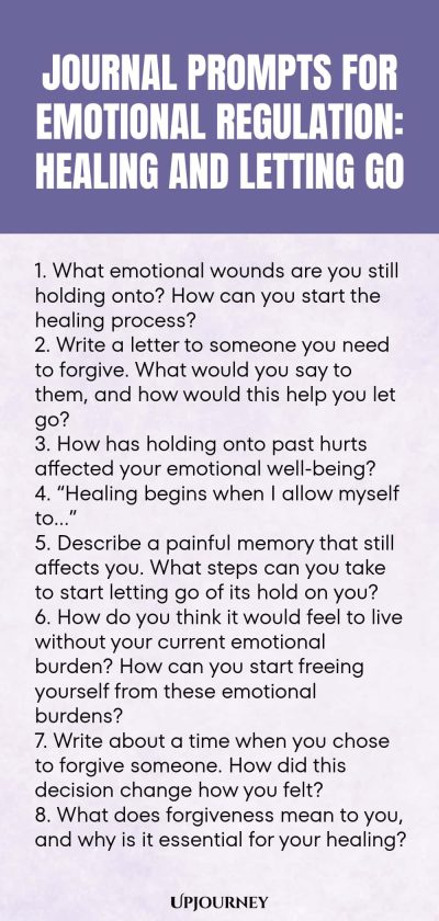 "Journal Prompts for Emotional Regulation: Healing and Letting Go: 1. What emotional wounds are you still holding onto? How can you start the healing process? 2. Write a letter to someone you need to forgive. What would you say to them, and how would this help you let go? 3. How has holding onto past hurts affected your emotional well-being? 4. “Healing begins when I allow myself to…” 5. Describe a painful memory that still affects you. What steps can you take to start letti"