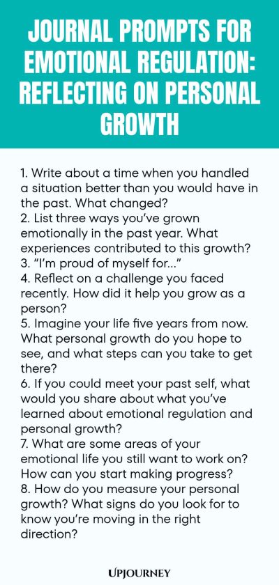 "Journal Prompts for Emotional Regulation: Reflecting on Personal Growth: 1. Write about a time when you handled a situation better than you would have in the past. What changed? 2. List three ways you’ve grown emotionally in the past year. What experiences contributed to this growth? 3. “I’m proud of myself for…” 4. Reflect on a challenge you faced recently. How did it help you grow as a person? 5. Imagine your life five years from now. What personal growth do you hope to s"
