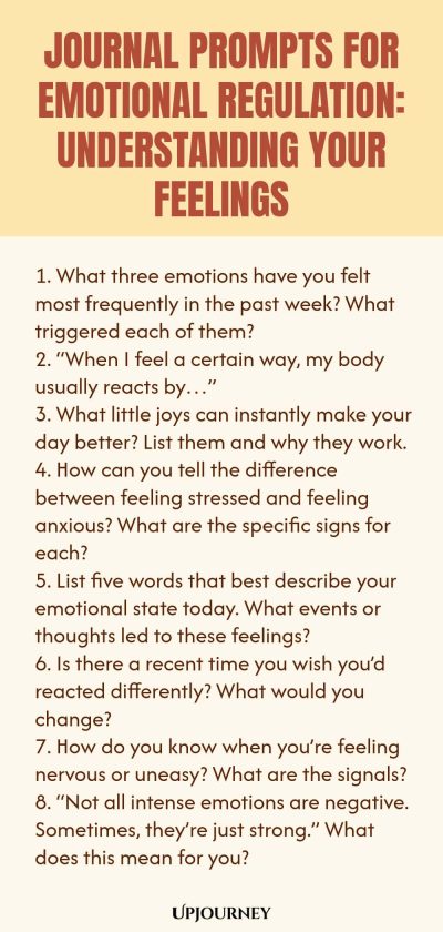 "Journal Prompts for Emotional Regulation: Understanding Your Feelings: 1. What three emotions have you felt most frequently in the past week? What triggered each of them? 2. “When I feel a certain way, my body usually reacts by…” 3. What little joys can instantly make your day better? List them and why they work. 4. How can you tell the difference between feeling stressed and feeling anxious? What are the specific signs for each? 5. List five words that best describe your e"