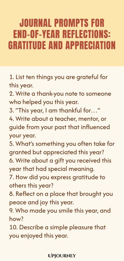 "Journal Prompts for End-of-Year Reflections: Gratitude and Appreciation: 1. List ten things you are grateful for this year.  2. Write a thank-you note to someone who helped you this year.  3. “This year, I am thankful for…”  4. Write about a teacher, mentor, or guide from your past that influenced your year.  5. What’s something you often take for granted but appreciated this year?  6. Write about a gift you received this year that had special meaning.  7. How did you expre"