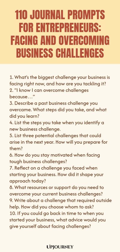 110 Journal Prompts for Entrepreneurs: Facing and Overcoming Business Challenges 1. What’s the biggest challenge your business is facing right now, and how are you tackling it? 2. “I know I can overcome challenges because…” 3. Describe a past business challenge you overcame. What steps did you take, and what did you learn? 4. List the steps you take when you identify a new business challenge. 5. List three potential challenges that could arise in the next year. How will you prep...