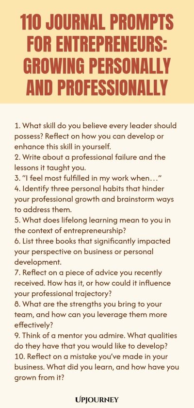 110 Journal Prompts for Entrepreneurs: Growing Personally and Professionally 1. What skill do you believe every leader should possess? Reflect on how you can develop or enhance this skill in yourself. 2. Write about a professional failure and the lessons it taught you. 3. “I feel most fulfilled in my work when…” 4. Identify three personal habits that hinder your professional growth and brainstorm ways to address them. 5. What does lifelong learning mean to you in the context of ...