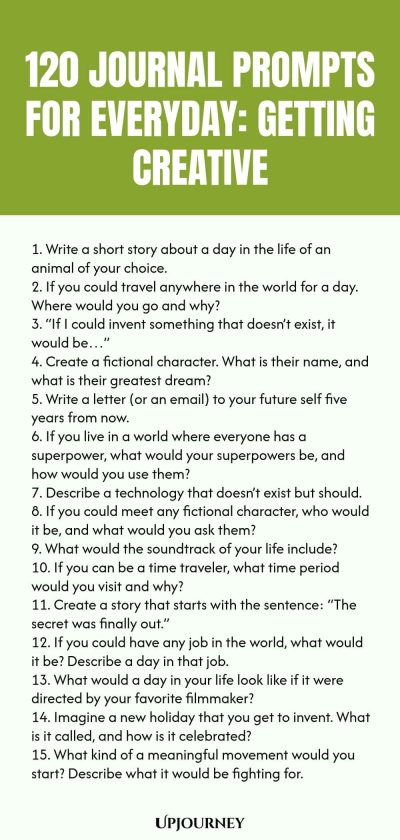 120 Journal Prompts for Everyday: Getting Creative 1. Write a short story about a day in the life of an animal of your choice. 2. If you could travel anywhere in the world for a day. Where would you go and why? 3. “If I could invent something that doesn’t exist, it would be…” 4. Create a fictional character. What is their name, and what is their greatest dream? 5. Write a letter (or an email) to your future self five years from now. 6. If you live in a world where everyone has ...