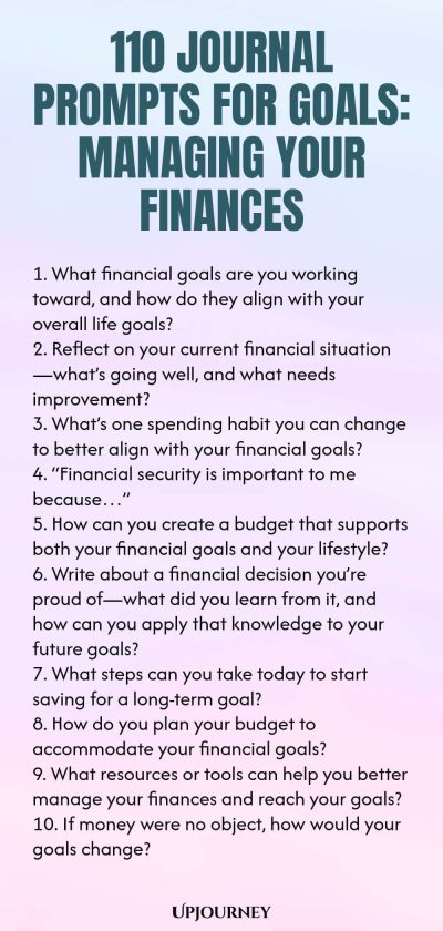110 Journal Prompts for Goals: Managing Your Finances 1. What financial goals are you working toward, and how do they align with your overall life goals? 2. Reflect on your current financial situationโwhatโs going well, and what needs improvement? 3. Whatโs one spending habit you can change to better align with your financial goals? 4. โFinancial security is important to me becauseโฆโ 5. How can you create a budget that supports both your financial goals and your lifestyle? 6. W...