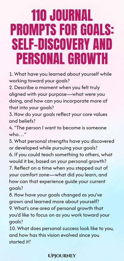 110 Journal Prompts for Goals: Self-Discovery and Personal Growth 1. What have you learned about yourself while working toward your goals? 2. Describe a moment when you felt truly aligned with your purposeโwhat were you doing, and how can you incorporate more of that into your goals? 3. How do your goals reflect your core values and beliefs? 4. โThe person I want to become is someone whoโฆโ 5. What personal strengths have you discovered or developed while pursuing your goals? 6....