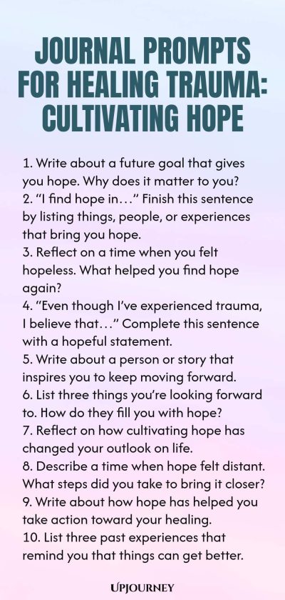Journal Prompts for Healing Trauma: Cultivating Hope 1. Write about a future goal that gives you hope. Why does it matter to you? 2. โI find hope inโฆโ Finish this sentence by listing things, people, or experiences that bring you hope. 3. Reflect on a time when you felt hopeless. What helped you find hope again? 4. โEven though Iโve experienced trauma, I believe thatโฆโ Complete this sentence with a hopeful statement. 5. Write about a person or story that inspires you to keep movi...