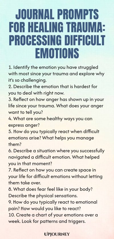 Journal Prompts for Healing Trauma: Processing Difficult Emotions 1. Identify the emotion you have struggled with most since your trauma and explore why itโs so challenging. 2. Describe the emotion that is hardest for you to deal with right now. 3. Reflect on how anger has shown up in your life since your trauma. What does your anger want to tell you? 4. What are some healthy ways you can express anger? 5. How do you typically react when difficult emotions arise? What helps you mana...