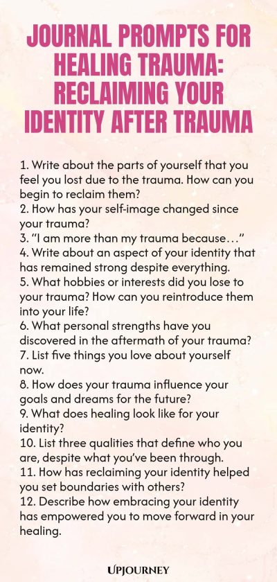 Journal Prompts for Healing Trauma: Reclaiming Your Identity After Trauma 1. Write about the parts of yourself that you feel you lost due to the trauma. How can you begin to reclaim them? 2. How has your self-image changed since your trauma? 3. โI am more than my trauma becauseโฆโ 4. Write about an aspect of your identity that has remained strong despite everything. 5. What hobbies or interests did you lose to your trauma? How can you reintroduce them into your life? 6. What per...