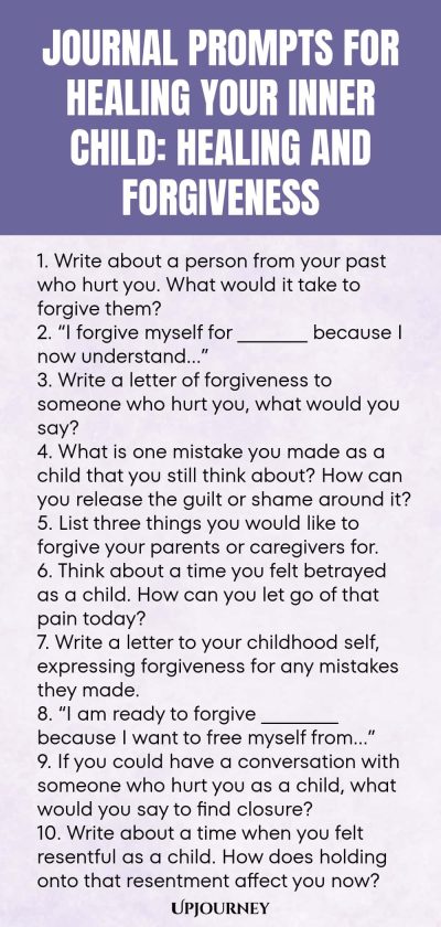 Journal Prompts for Healing Your Inner Child: Healing and Forgiveness 1. Write about a person from your past who hurt you. What would it take to forgive them? 2. โI forgive myself for __________ because I now understandโฆโ 3. Write a letter of forgiveness to someone who hurt you, what would you say? 4. What is one mistake you made as a child that you still think about? How can you release the guilt or shame around it? 5. List three things you would like to forgive your parents or...