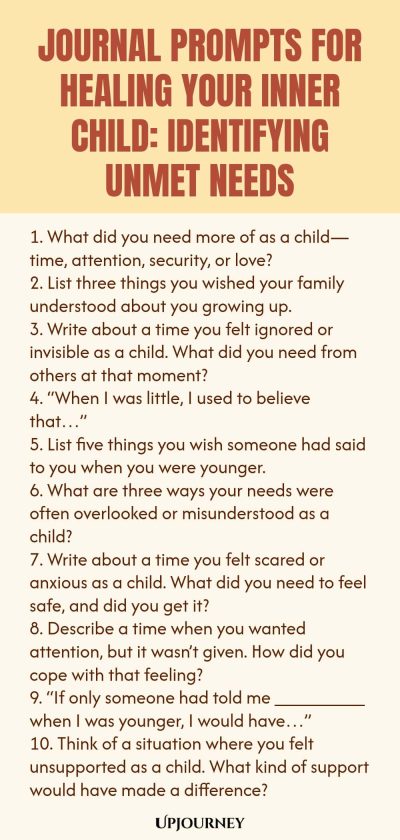 Journal Prompts for Healing Your Inner Child: Identifying Unmet Needs 1. What did you need more of as a childโtime, attention, security, or love? 2. List three things you wished your family understood about you growing up. 3. Write about a time you felt ignored or invisible as a child. What did you need from others at that moment? 4. โWhen I was little, I used to believe thatโฆโ 5. List five things you wish someone had said to you when you were younger. 6. What are three ways yo...