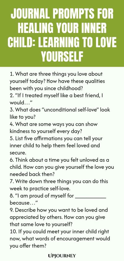 Journal Prompts for Healing Your Inner Child: Learning to Love Yourself 1. What are three things you love about yourself today? How have these qualities been with you since childhood? 2. โIf I treated myself like a best friend, I wouldโฆโ 3. What does โunconditional self-loveโ look like to you? 4. What are some ways you can show kindness to yourself every day? 5. List five affirmations you can tell your inner child to help them feel loved and secure. 6. Think about a time you fe...