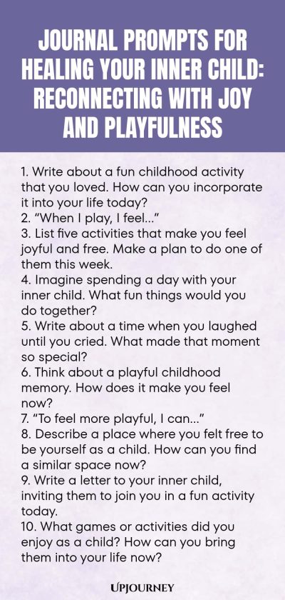 Journal Prompts for Healing Your Inner Child: Reconnecting with Joy and Playfulness 1. Write about a fun childhood activity that you loved. How can you incorporate it into your life today? 2. โWhen I play, I feelโฆโ 3. List five activities that make you feel joyful and free. Make a plan to do one of them this week. 4. Imagine spending a day with your inner child. What fun things would you do together? 5. Write about a time when you laughed until you cried. What made that moment so sp...