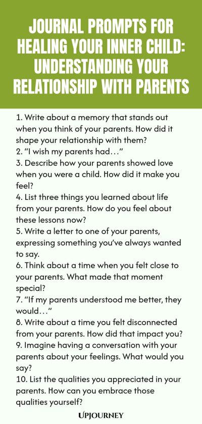 Journal Prompts for Healing Your Inner Child: Understanding Your Relationship with Parents 1. Write about a memory that stands out when you think of your parents. How did it shape your relationship with them? 2. โI wish my parents hadโฆโ 3. Describe how your parents showed love when you were a child. How did it make you feel? 4. List three things you learned about life from your parents. How do you feel about these lessons now? 5. Write a letter to one of your parents, expressing...