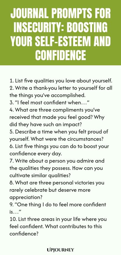 Journal Prompts for Insecurity: Boosting Your Self-Esteem and Confidence 1. List five qualities you love about yourself. 2. Write a thank-you letter to yourself for all the things youโve accomplished. 3. โI feel most confident whenโฆโ 4. What are three compliments youโve received that made you feel good? Why did they have such an impact? 5. Describe a time when you felt proud of yourself. What were the circumstances? 6. List five things you can do to boost your confidence every ...