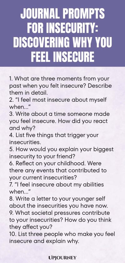 Journal Prompts for Insecurity: Discovering Why You Feel Insecure 1. What are three moments from your past when you felt insecure? Describe them in detail. 2. โI feel most insecure about myself whenโฆโ 3. Write about a time someone made you feel insecure. How did you react and why? 4. List five things that trigger your insecurities. 5. How would you explain your biggest insecurity to your friend? 6. Reflect on your childhood. Were there any events that contributed to your curren...