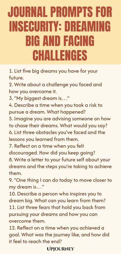 Journal Prompts for Insecurity: Dreaming Big and Facing Challenges 1. List five big dreams you have for your future. 2. Write about a challenge you faced and how you overcame it. 3. โMy biggest dream isโฆโ 4. Describe a time when you took a risk to pursue a dream. What happened? 5. Imagine you are advising someone on how to chase their dreams. What would you say? 6. List three obstacles youโve faced and the lessons you learned from them. 7. Reflect on a time when you felt disco...