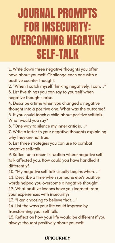 Journal Prompts for Insecurity: Overcoming Negative Self-Talk 1. Write down three negative thoughts you often have about yourself. Challenge each one with a positive counter-thought. 2. โWhen I catch myself thinking negatively, I canโฆโ 3. List five things you can say to yourself when negative thoughts arise. 4. Describe a time when you changed a negative thought into a positive one. What was the outcome? 5. If you could teach a child about positive self-talk. What would you say?...